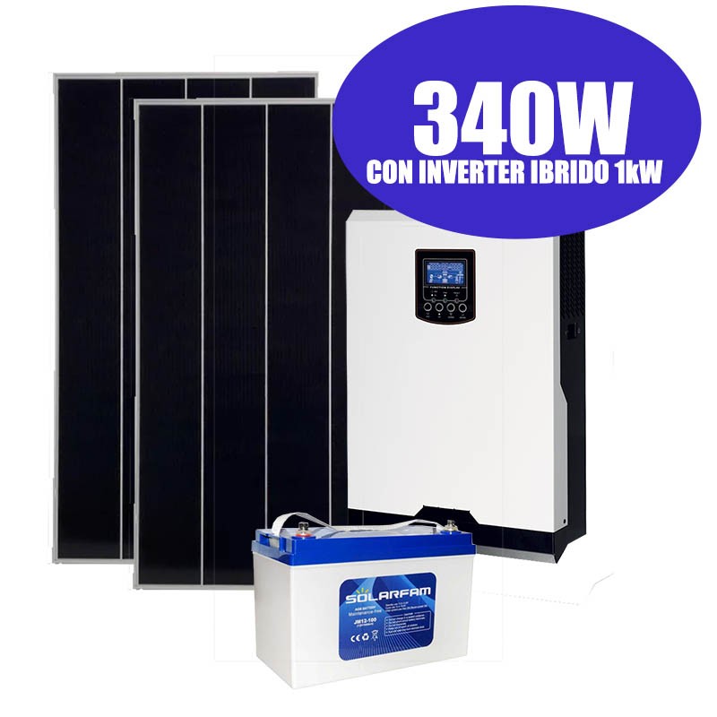 Kit solare baita campagna 340W - 12V - Pannelli + Inverter ibrido+ Batteria
