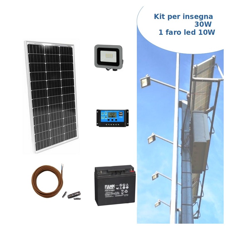 Kit solare ILLUMINAZIONE INSEGNA 30W con Faro LED 10W